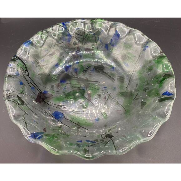 Unbranded Other - VTG Fused Handmade glass Scalloped Bowl Dish blue green large clear serving